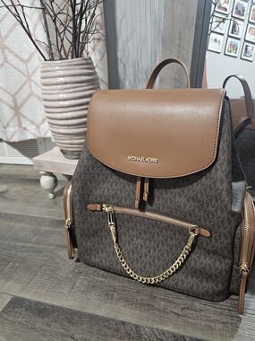 Michael Kors Brown and Tan Logo Backpack with Gold-Tone Chain